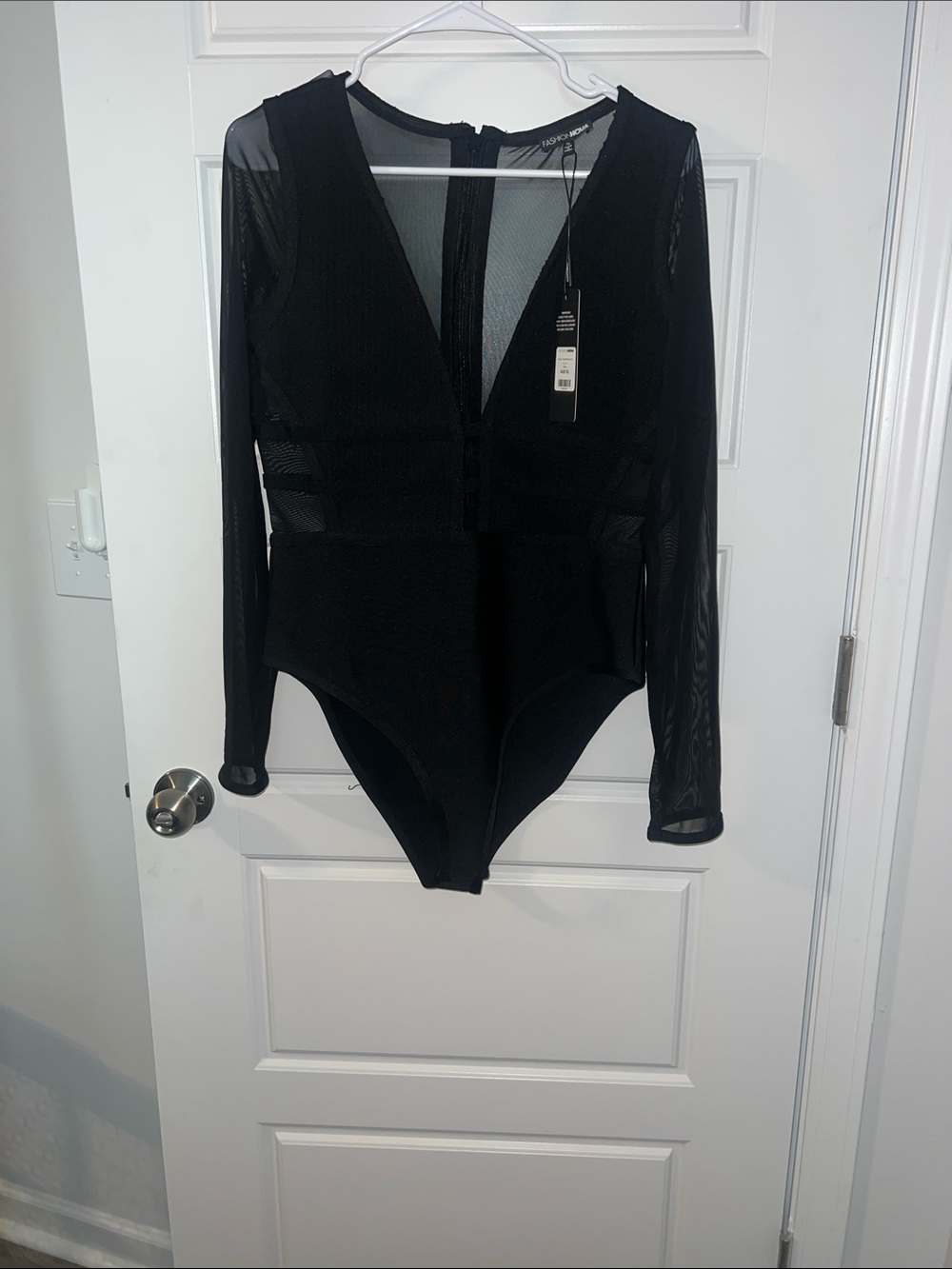 Fashion Jewelry Black Long Sleeve Mesh Bodysuit